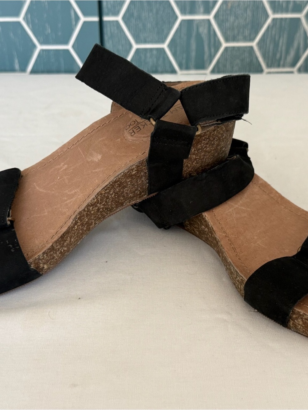 Adam Tucker Black Suede Cork Wedge Sandals